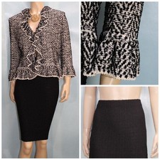 St John Collection Black White Jacket Skirt L 10 12 2pc Suit Ruffled Tie Front