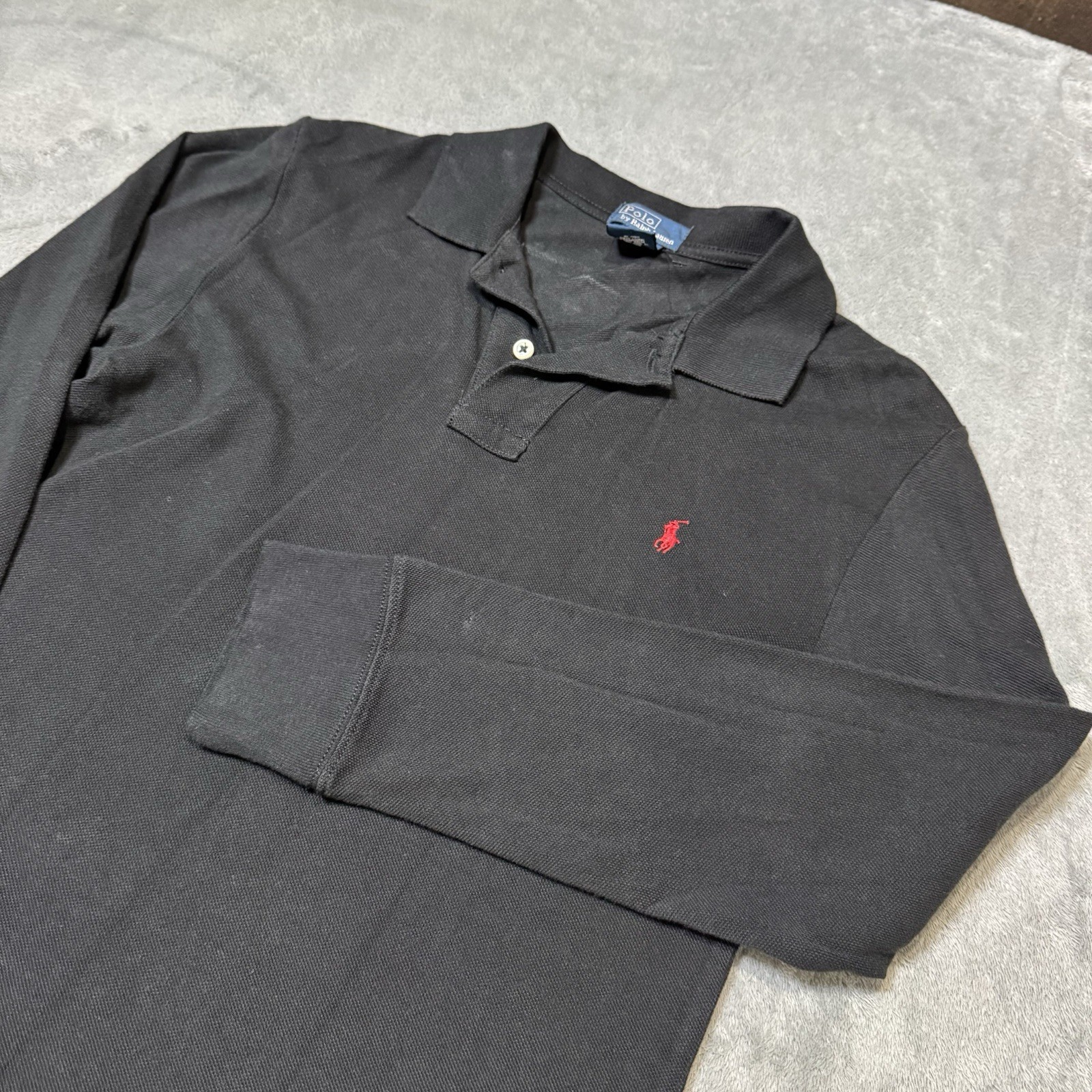 VTG Polo Ralph Lauren Boys Longsleeve Polo Shirt Size 10-12 Black With Red Pony
