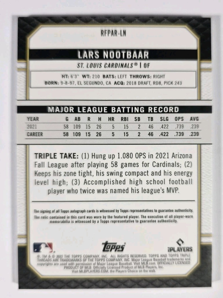 2022 Topps Triple Threads Lars Nootbaar INSANE 4 Color Patch Auto #d 10/10 1/1 view 2