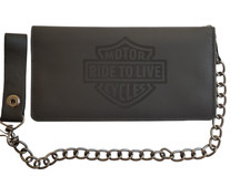 Ride To Live Genuine Leather Biker Long Wallet With Chain Black BiFold 7" Wallet