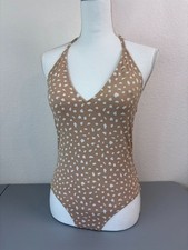 Aerie women's medium tan white dot one piece full coverage swimsuit halter tie