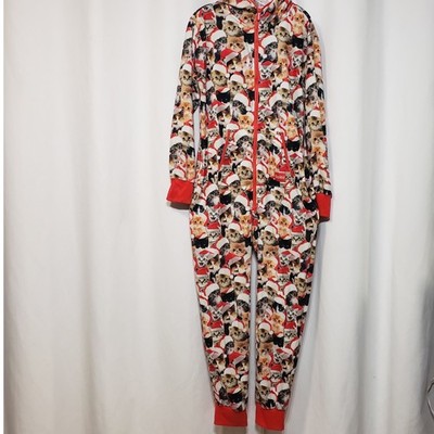 Tipsy Elves Cat Santa Hat Christmas Pajamas Jumpsuit Hooded M
