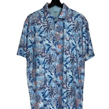 IZOD Golf Large Blue Tropical Parrot Pineapple Floral Performance Polo Shirt