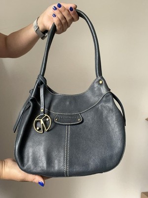 Coccinelle Leder Schultertasche Navy Blau Y2K Vintage Bag Logo Anhänger