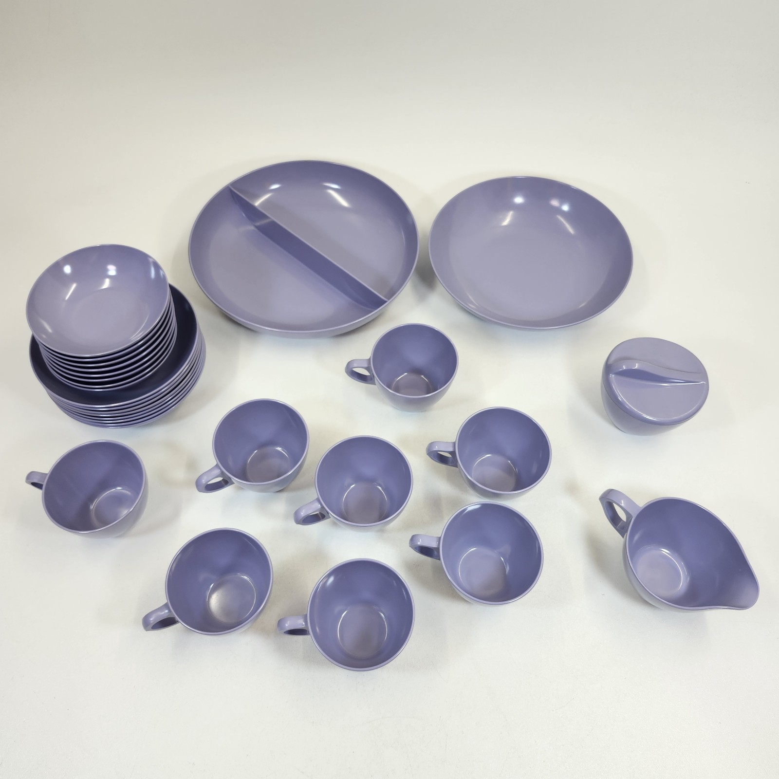 Royalon Melmac Dinnerware 28 Pieces Dishes Violet Corsage Purple Teacups Bowls