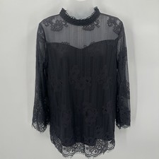 NY Collection Blouse Womens M Black Lace Sheer Sleeve Goth Whimsigoth Romantic