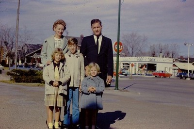 Family Poses by Gulf Service Station, Ford Mainline Tudor: 1960's 35mm Slide