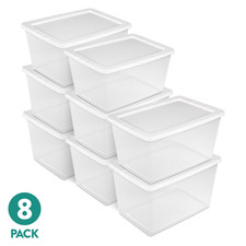 Sterilite 58 Quart Clear Plastic Storage Bin with Snap-On Lid, White, 8 Count