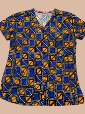 Women s Divine Stretch Scrub Top Royal Blue Orange Geometric Print Size S