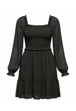 Aritzia & Wilfred Tempest Black Mini Dress Smocked Bodice Tiered Chiffon Size XS