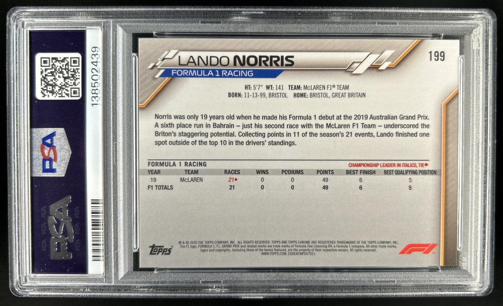 2020 Topps Chrome Sapphire F1 Lando Norris Rookie RC #199 PSA 10 GEM MINT view 2