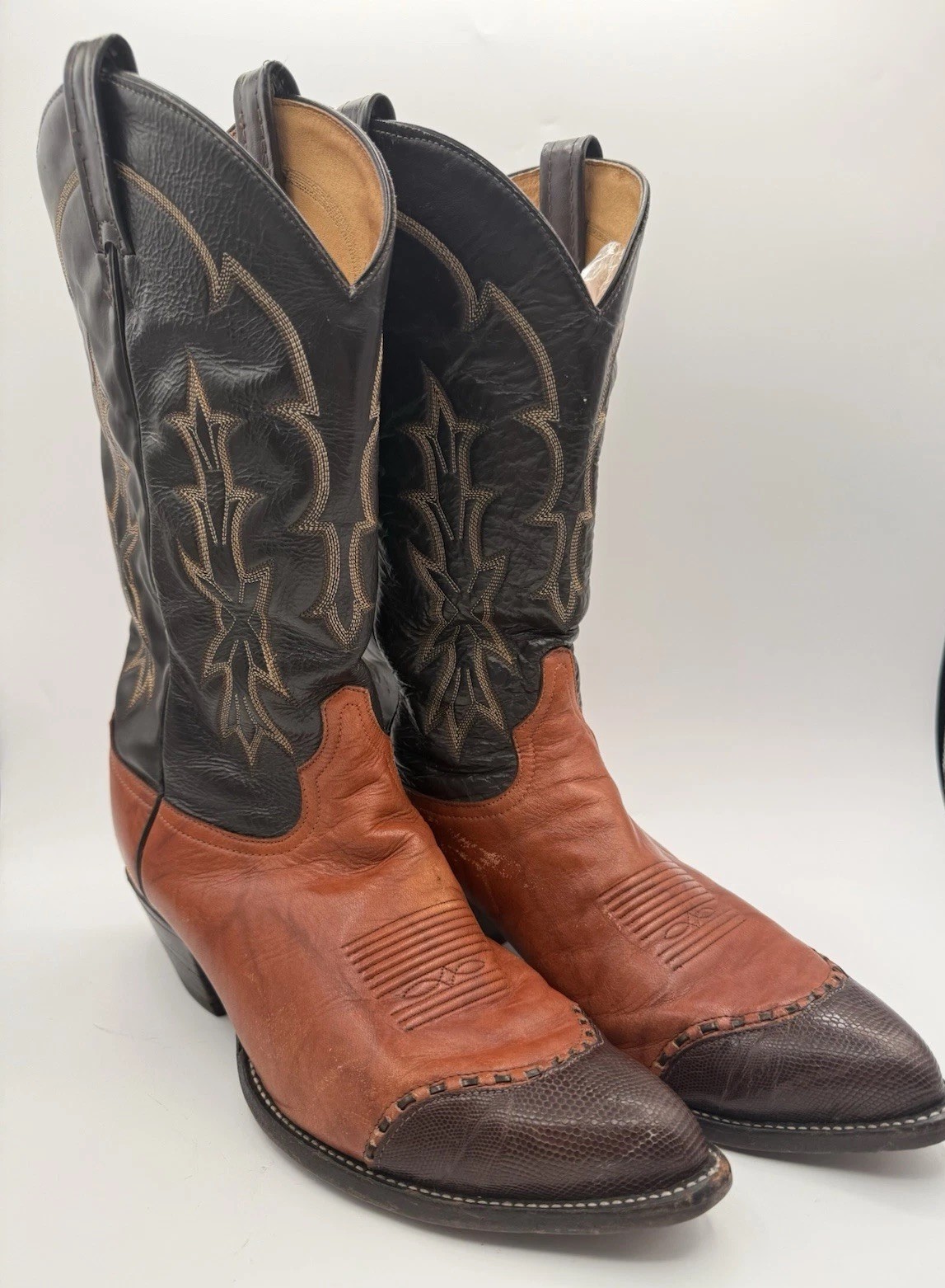 Vintage Men’s Tony Lama Cowboy Boots Two Tone Brown Lizard Wingtip Toe 11.5D USA