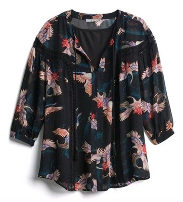 Daniel Rainn Women's Black Top Cranes Print Sheer & Tassels  Long Sleer Size 1X 