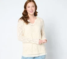 Peace Love World Women's Top Sweater Sz L Boheme Open-Stitch White A647808