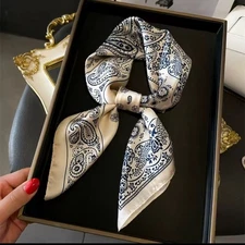 Paisley Blue White Silk Feel Bandana Square Scarf Neckerchief 27"