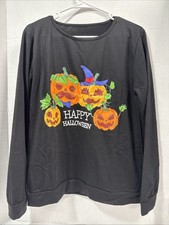 Woman  s Happy Halloween Screen Printed Light Sweatshirt Black Size Small