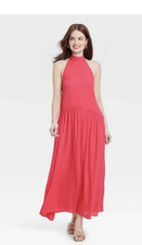 A New Day Halter Maxi Dress Medium Dark Pink Sleeveless Backless Tie Neck 35.