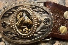VTG Gold Nugget Horse Belt Buckle Tooled Leather Strap TheGoldShop Dahlonega GA