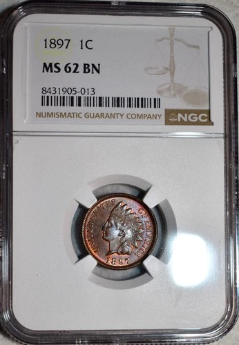 NGC MS-62 BN 1897 Indian Head Cent, Attractively Toned w/ Hints of Red.