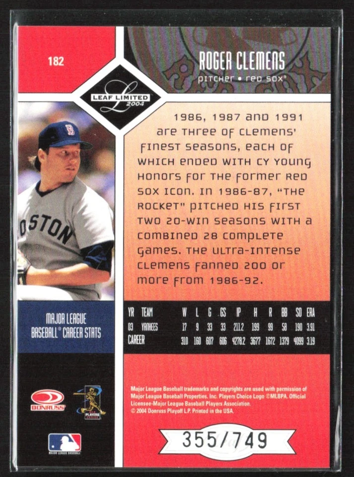 Roger Clemens 2004 Leaf Limited /749 #182 Boston Red Sox - Image 2 of 2