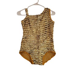 Wolffording  Co Girls Sequin One Shoulder Leotard Gold Dance Costume Size 140
