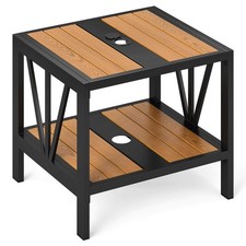 Outdoor Side Table 2-Tier Coffee End Table w/ 1.57 Umbrella Hole Storage Shel