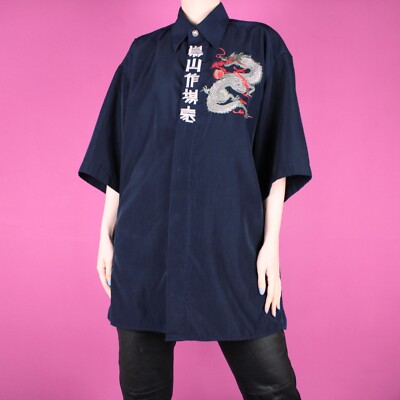 VINTAGE 2000s y2k 90s Men Navy Blue Streetwear Anime Dragon Print Shirt Top XL