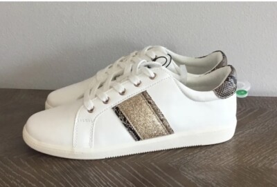 West Loop Ladies White & Gold Snakeskin Sneakers Tennis Shoes Faux Leather M 7-8