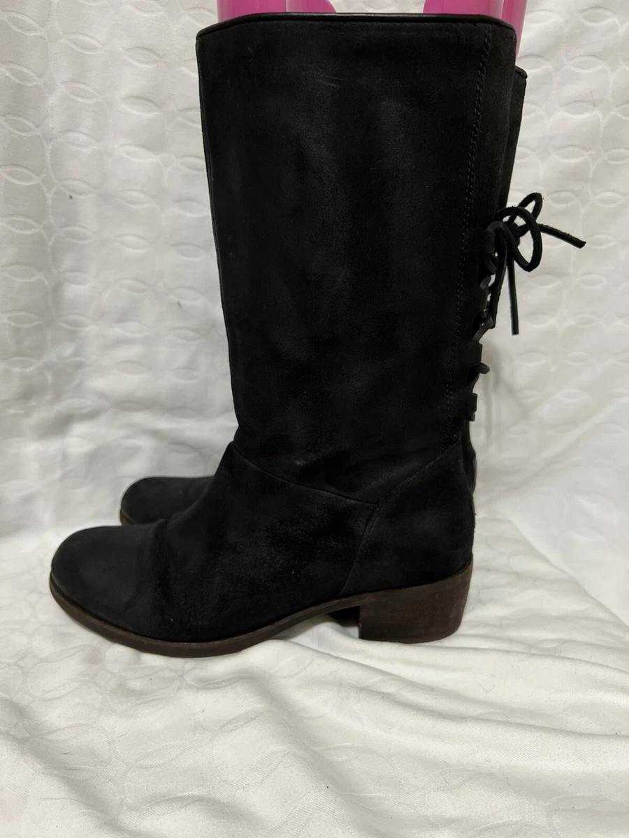 UGG Cary Black Nubuck Leather Back Lace Block Heel Mid Calf Boots 8 1005949