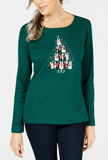 Karen Scott Women's Petite Small PS Penguin Tree Graphic Top Spruce Night #31