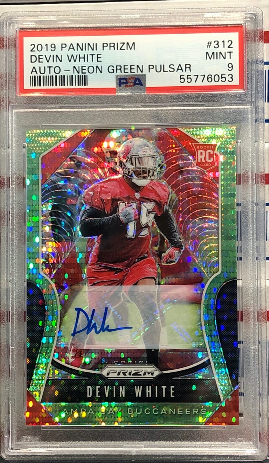 2019 PANINI PRIZM DEVIN WHITE, #312, AUTO, ROOKIE, GREEN PULSAR, PSA MINT 9