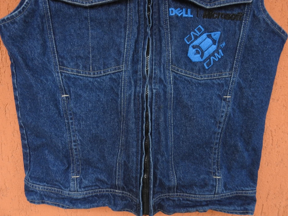 Vintage 90s Dell Microsoft CAD CAM Denim Sleeveless Jean Jacket Vest Small - Image 3 of 4
