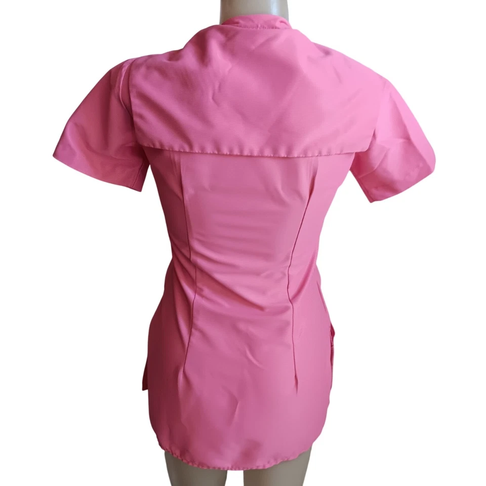 Women's Small Vintage Beautician Blouse Pink 1960's Acetate Mod Stewardess Tunic - Image 4 of 4
