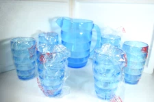 Vintage Beverage Set Summer Oasis Blue 7 Piece  Pitcher and 6 tumblers