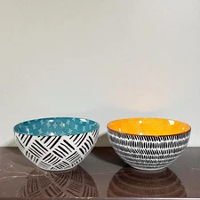Set of 2 OVER AND BACK Colorful Geometric Design 6" Cereal Soup Bowls 