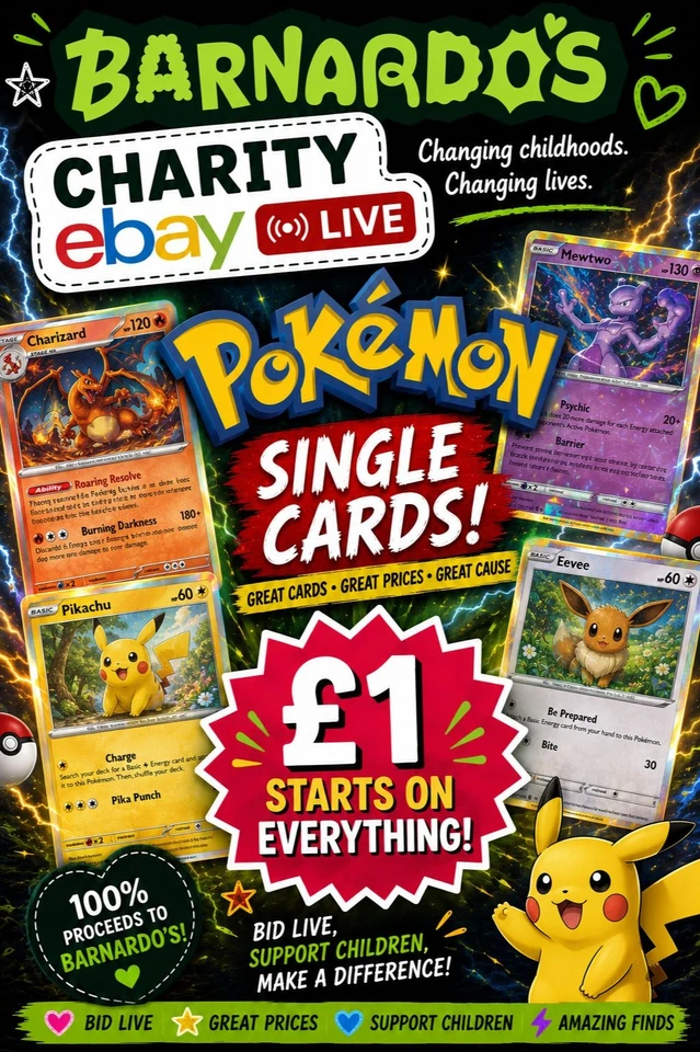 Barnardos Charity - Pokémon Single Card Auction Live ! - @12:30 £1 Starts !