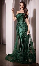 Green Satin Sleeveless Formal Dress with Tulle Overlay and Floral Embellishments