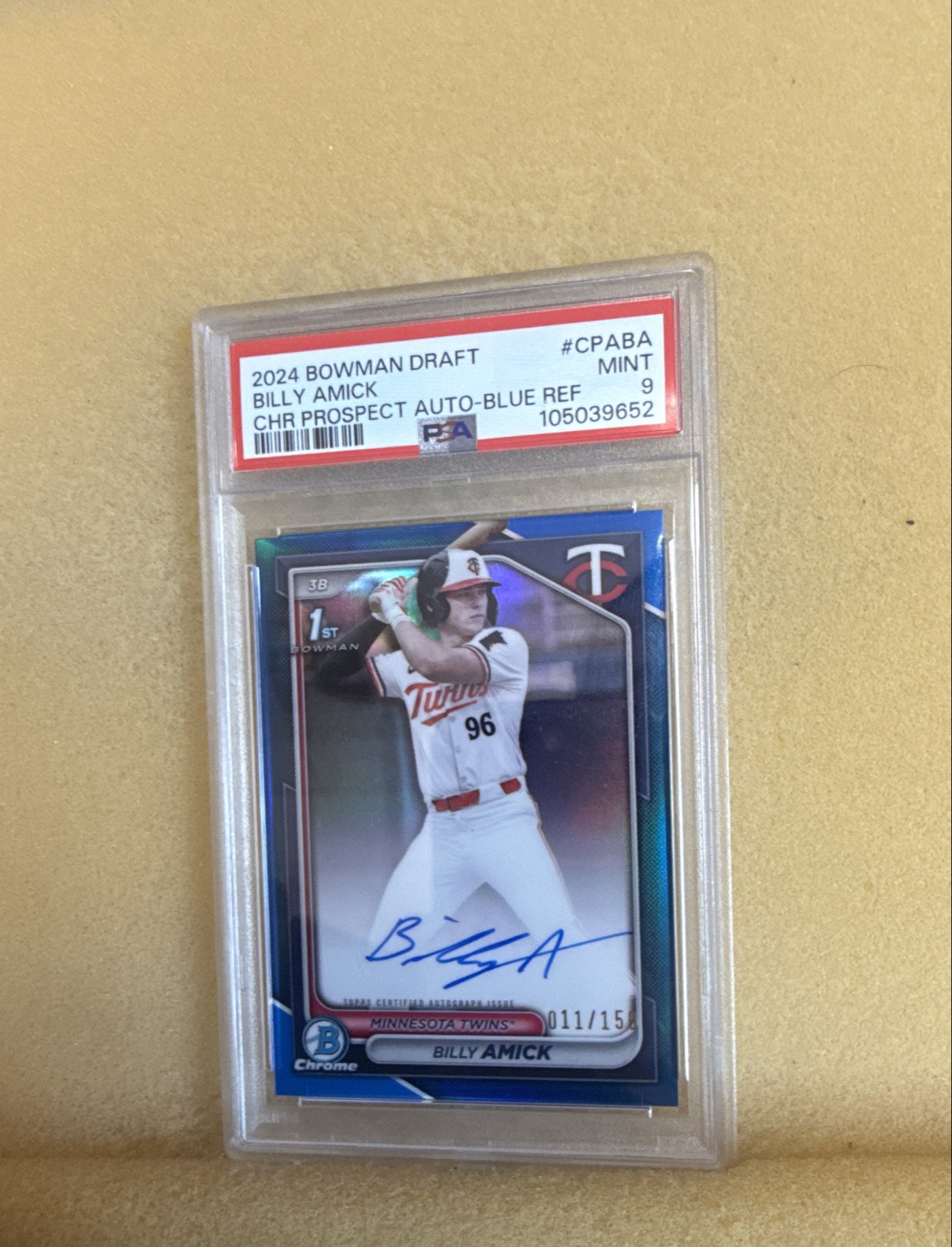 Billy Amick 2024 1st Bowman Chrome Prospect Blue Refractor 11/150 AU, RC #CPA-BA