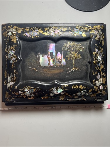 Antique Victorian Papier Mache Writing Slope Desk Mother of Pearl Inlay Lap Desk