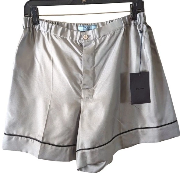 PRADA Silk Pajama Shorts Loungewear Silver Black Trim Italy NWT Size 44 US8 - Image 2 of 4