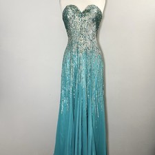 Sherri Hill 100% Silk Strapless Sequined Evening Gown Prom Dress Turquoise Sz 8