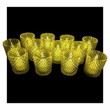 Set of 12 YELLOW Glass Candle Holders VOTIVE Diamond-Cut TEA LIGHT 2.5" High