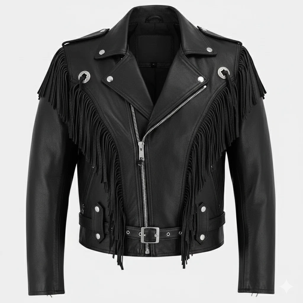 Men’s Black Fringe Leather Jacket Western Cowboy Tassel Vintage Biker Coat