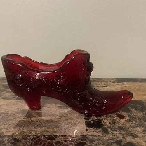 Vintage Fenton Glass Shoe Slipper Ruby Red Cabbage Rose Victorian GLOWS -Marked