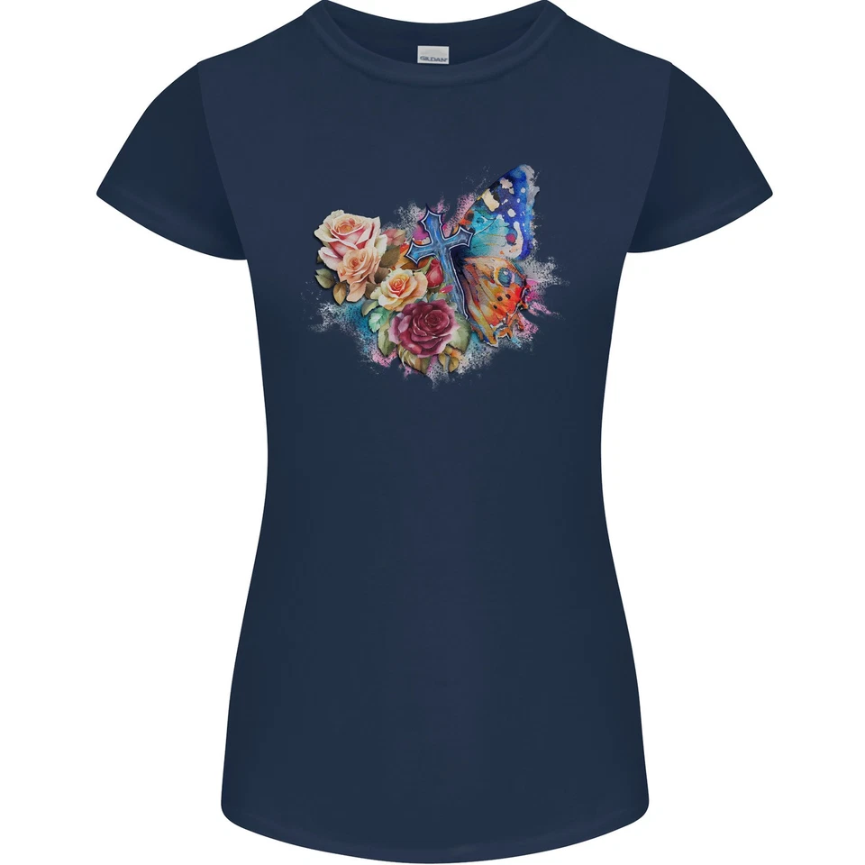 T-Shirt Femme Petite Avec Croix Chrétienne Et Papillon Avec Fleurs - Photo 3/4