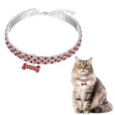 Rhinestone Cat Collar, with Bone Pendant 10-12 In, Red/White for Pet