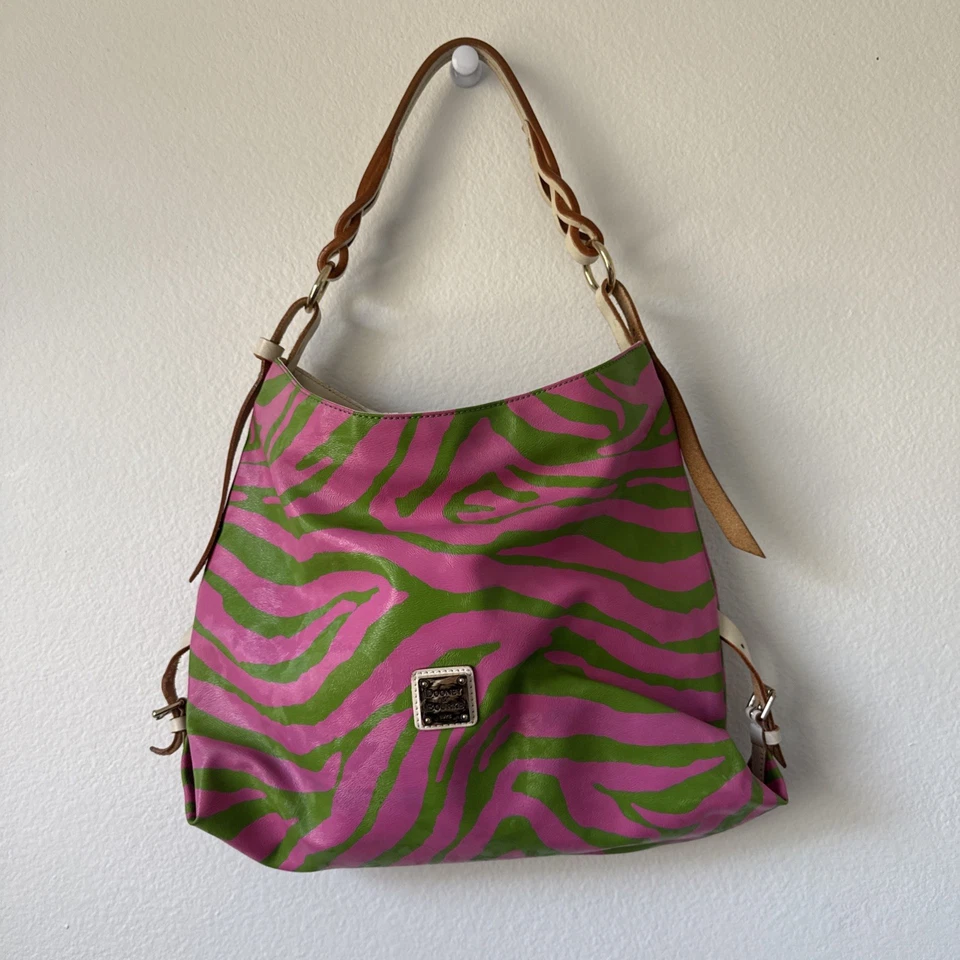DOONEY & BOURKE Pink And Green Multicolor Leather Zebra Print Tote Bag