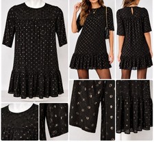 ASOS Smocked Black Mini Dress Size 10 Metallic Polka Dot Flirty Ruffled Drop Hem