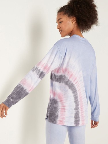 VS VICTORIAS SECRET PINK CAMPUS LONG SLEEVE TEE TOP HYDRANGEA TIE DYE SCRIPT L - Picture 3 of 6
