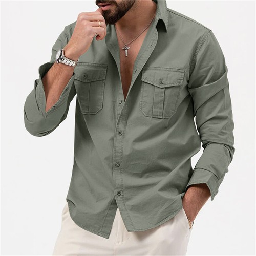 Men's Cargo Shirt Casual Slim Pocket Shirts Long Sleeve Button Down Tops Blouse - Picture 13 of 17